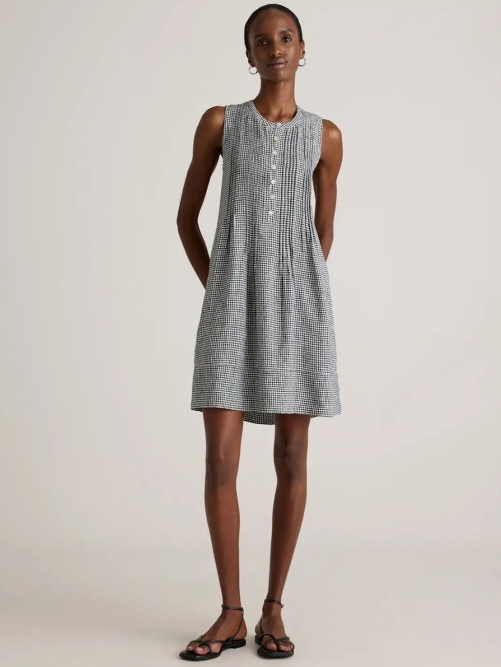 Quince Women's 100% European Linen Sleeveless Swing Dress, Small, Gingham